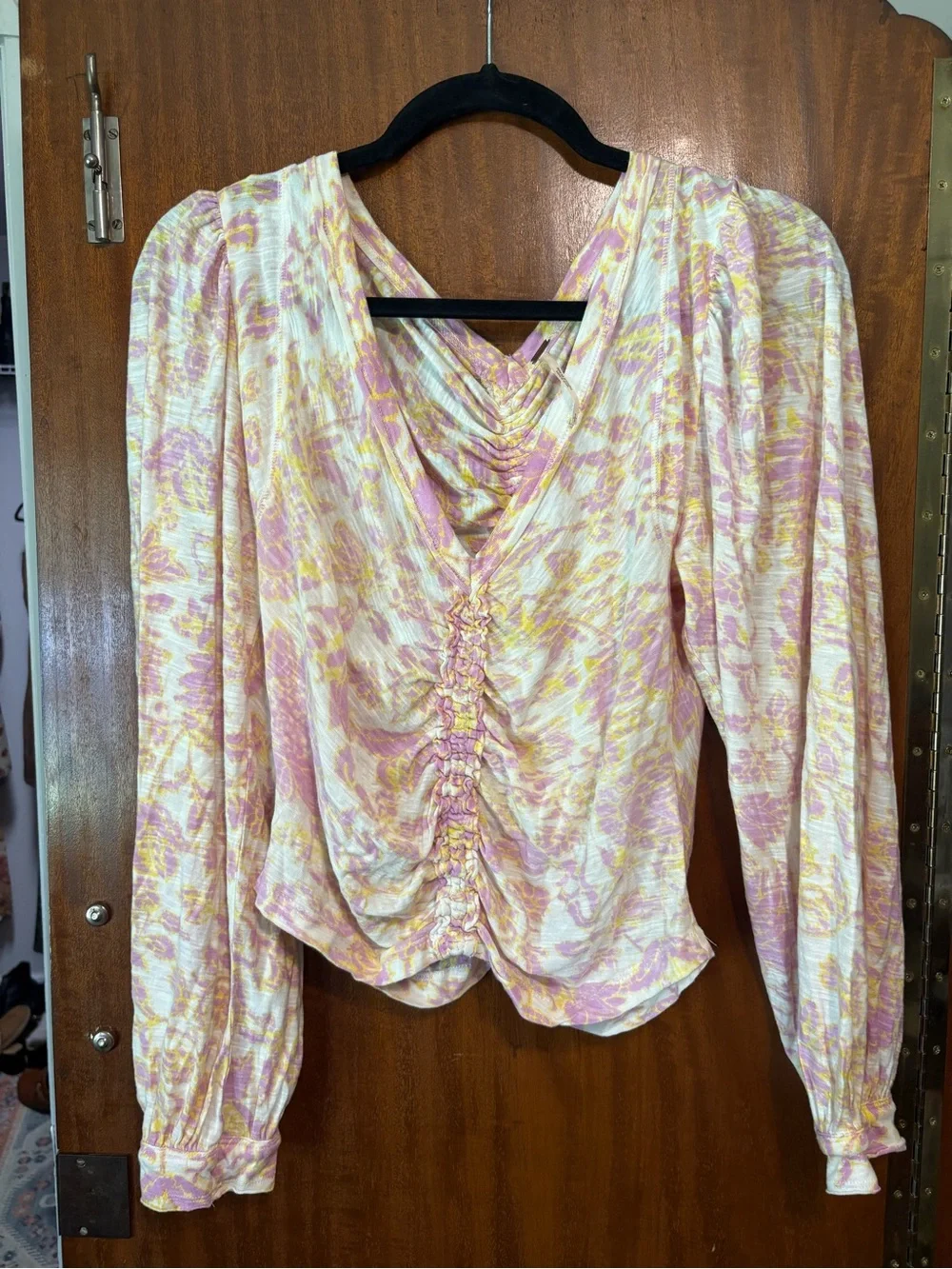 Free People Pink & Yellow Ruched V-Neck Blouse
